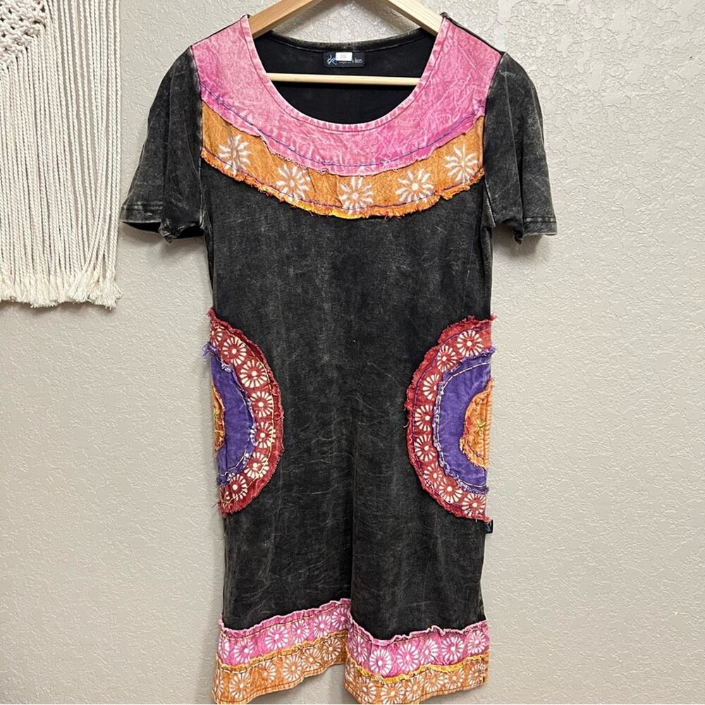 leopards and roses sz L patched boho Napoli dress short sleeves mini dress